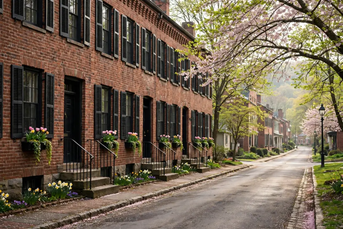 Historic brick rowhouses with shutters on a quiet street
