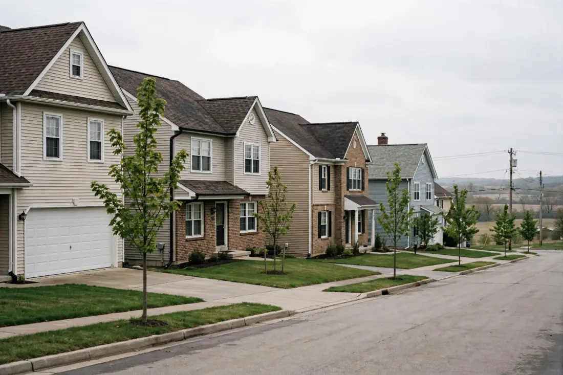 Suburban street lined with newer two-story homes