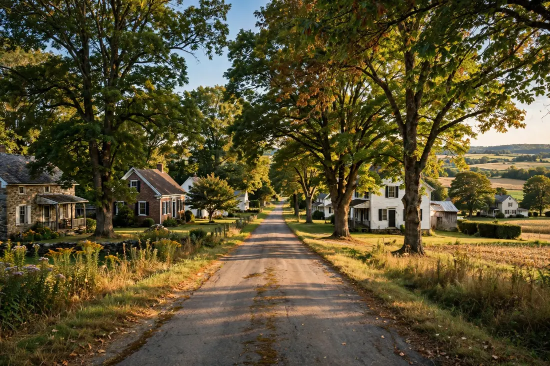 Quiet country road with village homes