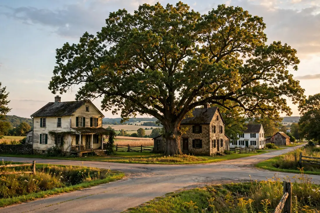 Village crossroads with older houses and a large oak tree