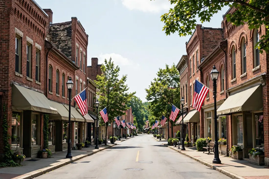 Tree-lined brick main street with shop awnings and flags
