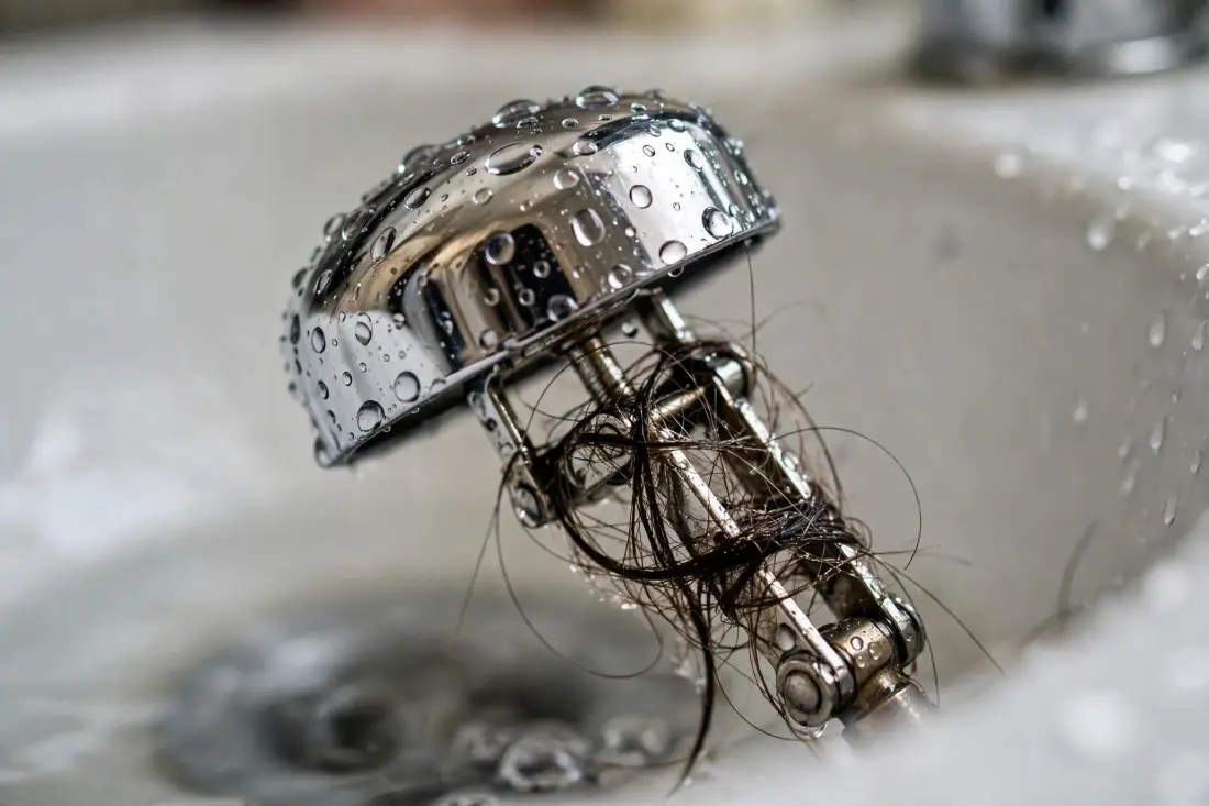 Bathroom sink pop-up stopper with hair buildup
