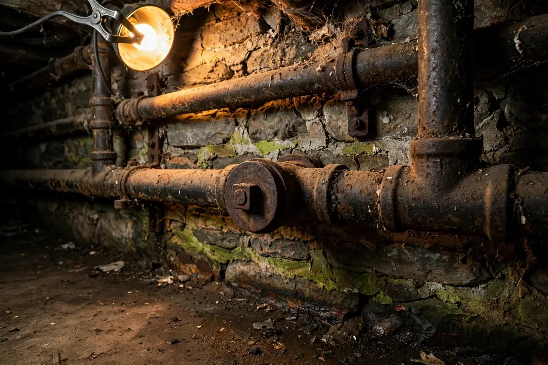 Old cast iron drain pipes along a stone basement wall