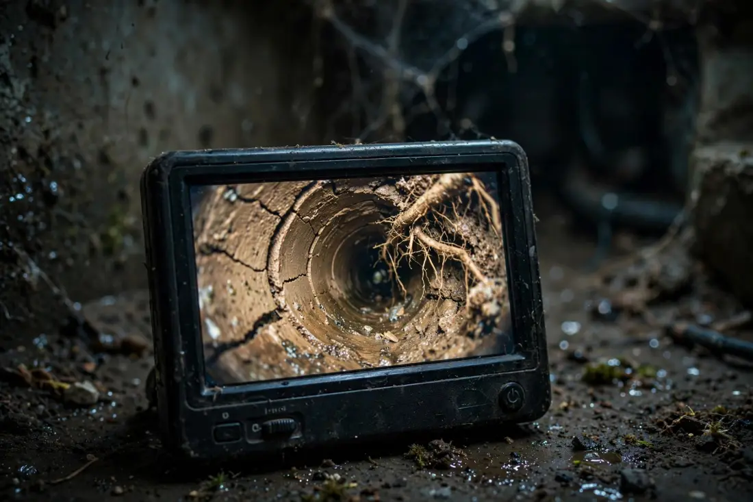 Monitor showing a cracked clay pipe with root intrusion