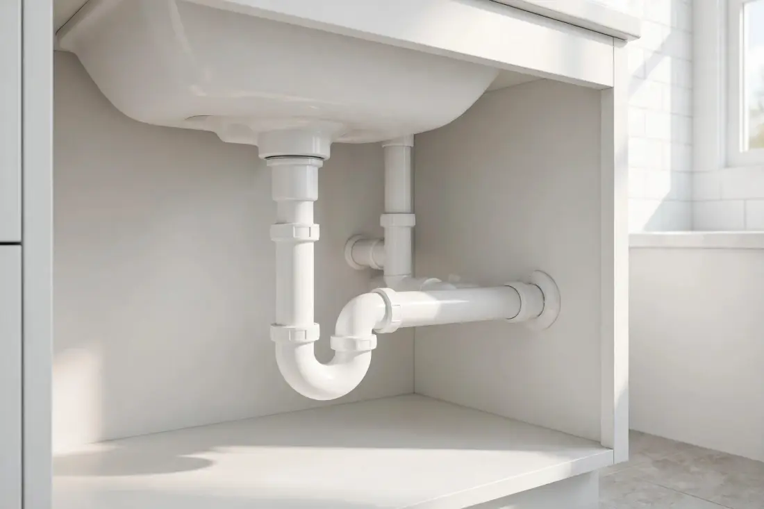 White PVC drain pipes and P-trap under a bathroom sink