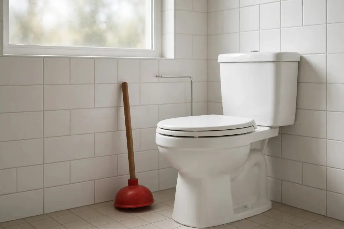 Plunger beside a toilet in a tiled bathroom