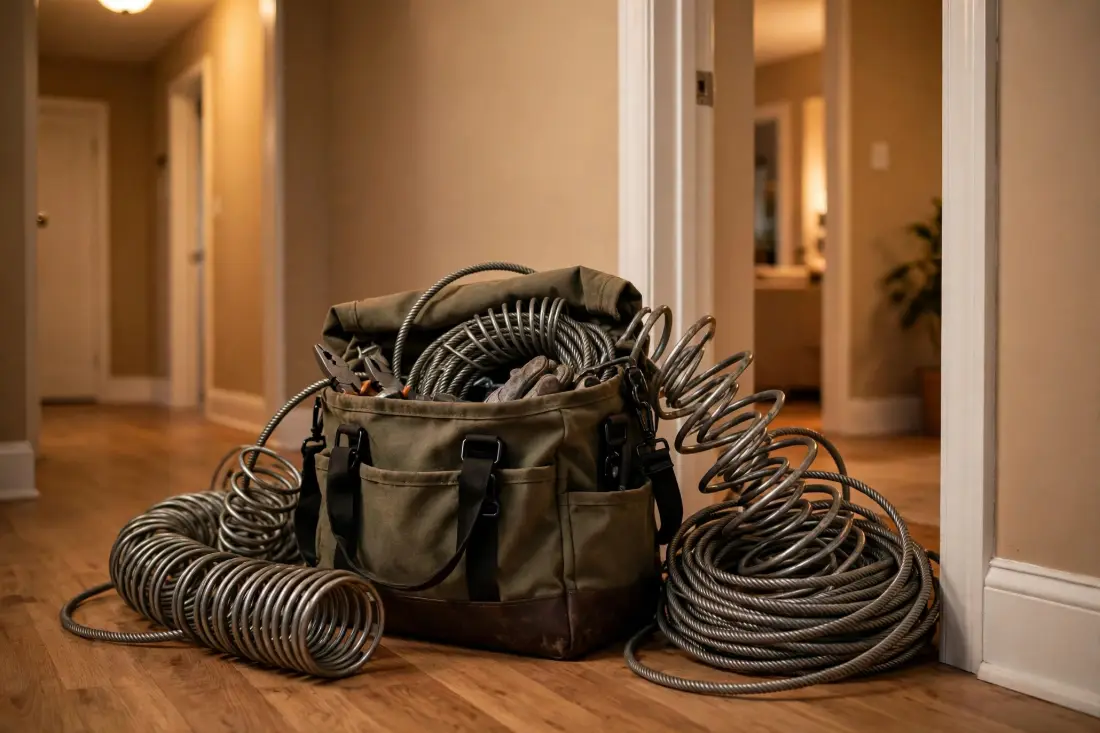 Drain cleaning tool bag with auger cables in a home hallway