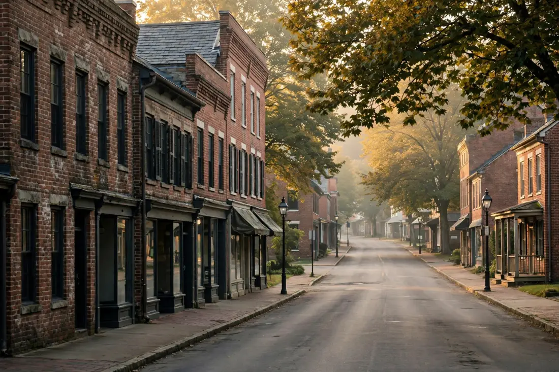 Quiet small-town main street in early morning light