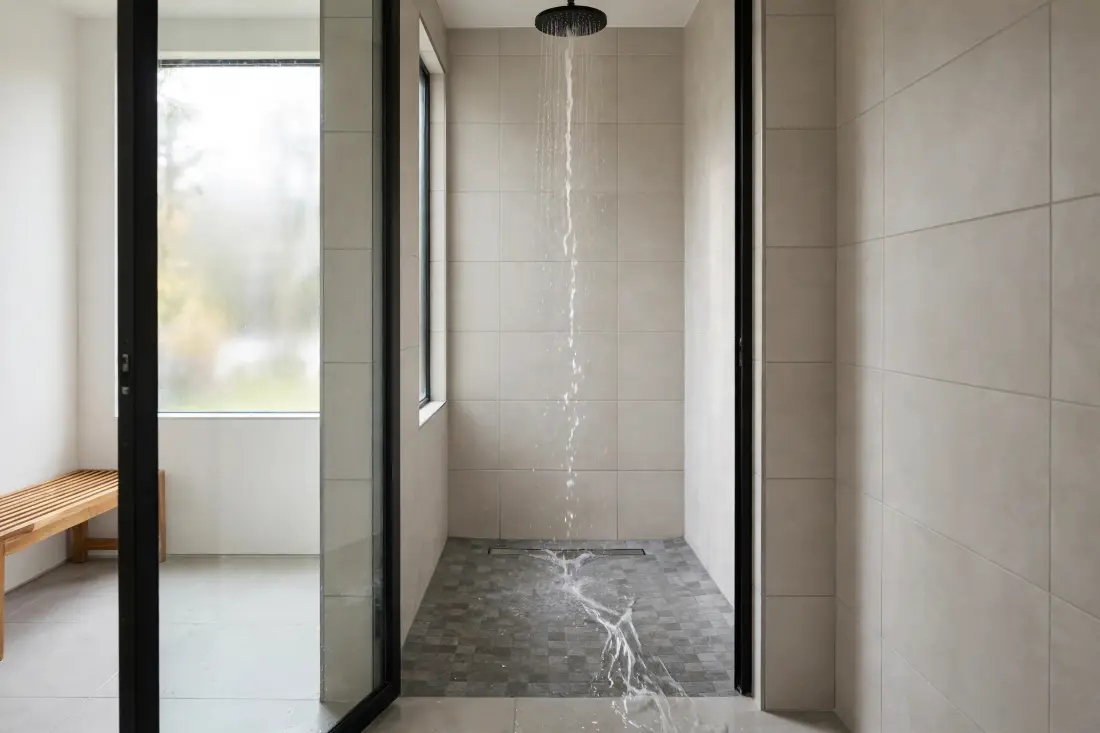 Shower drain with water flowing