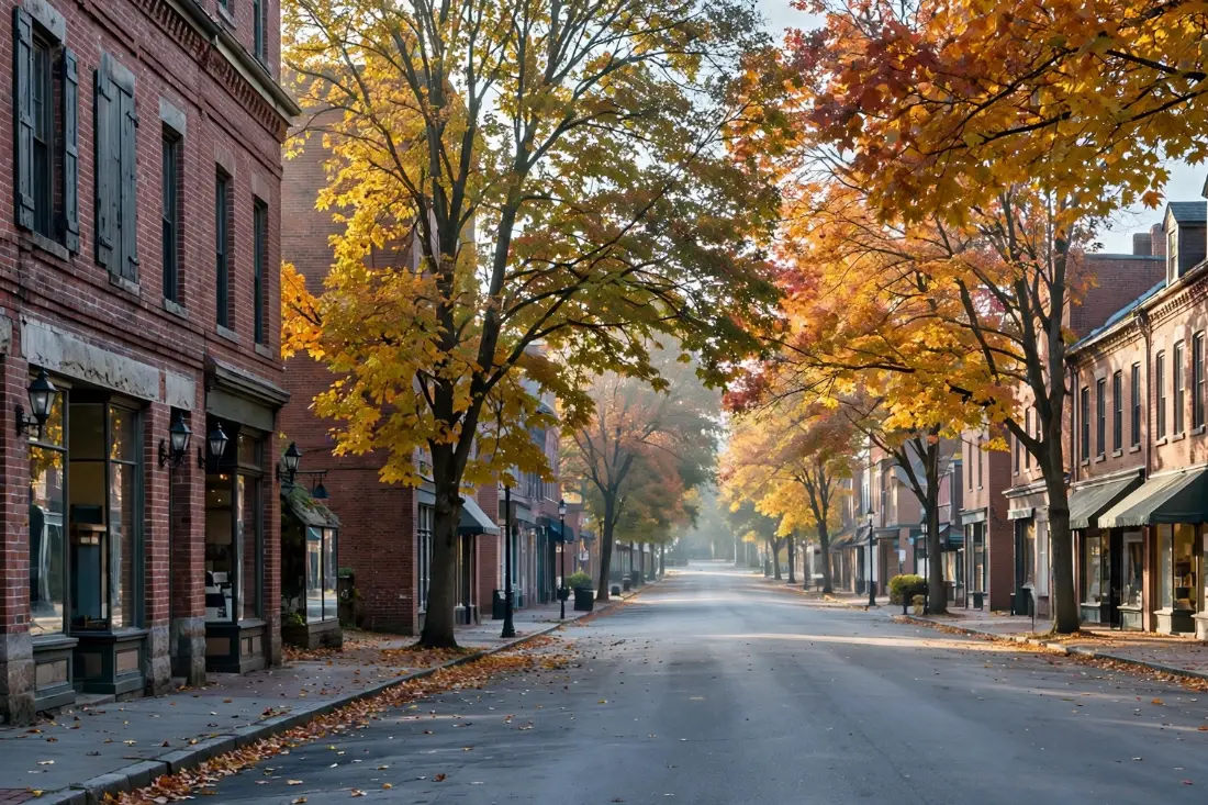 Brick main street lined with historic buildings