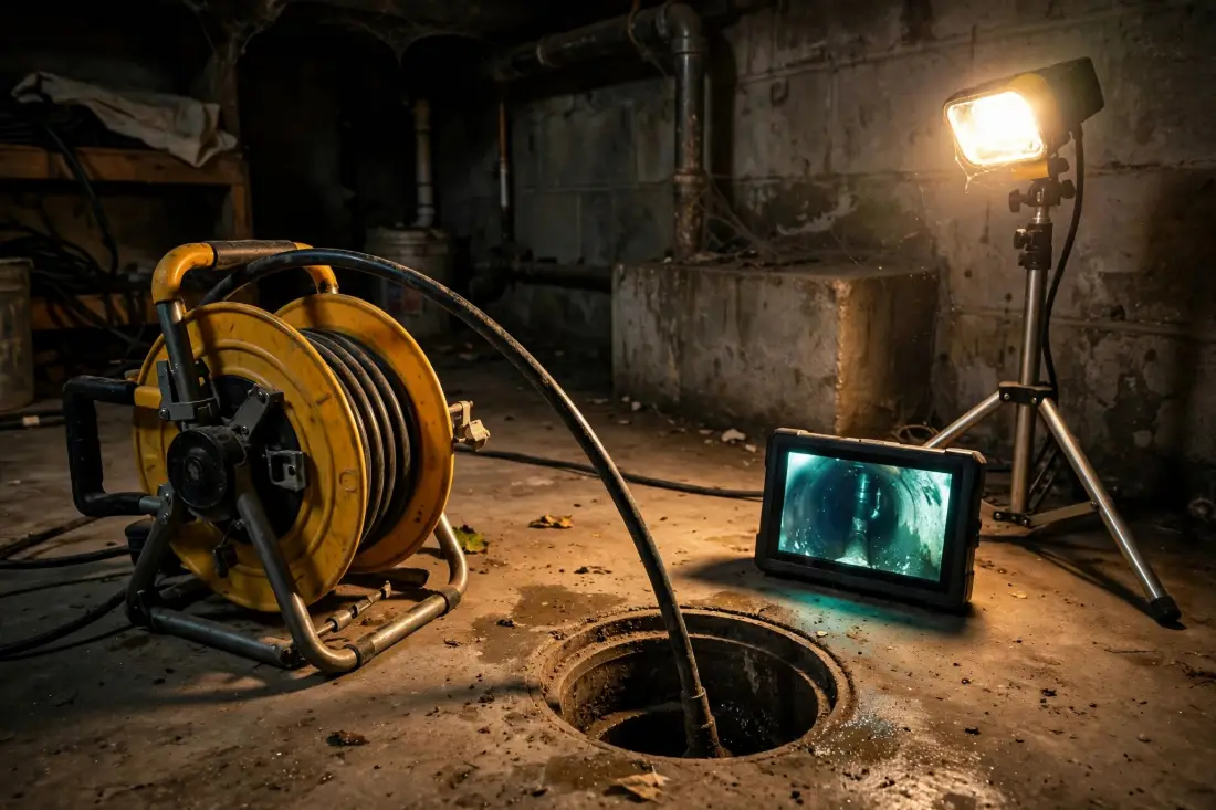 Push camera and monitor used for drain inspection