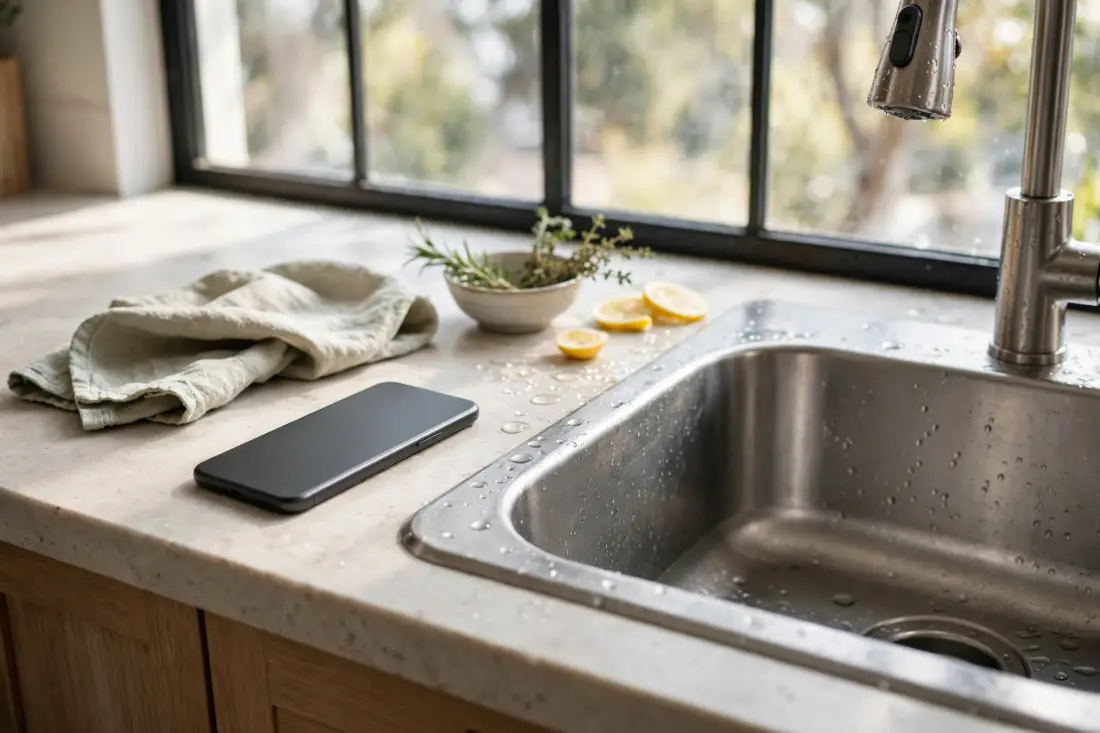 Smartphone on a kitchen counter beside a sink