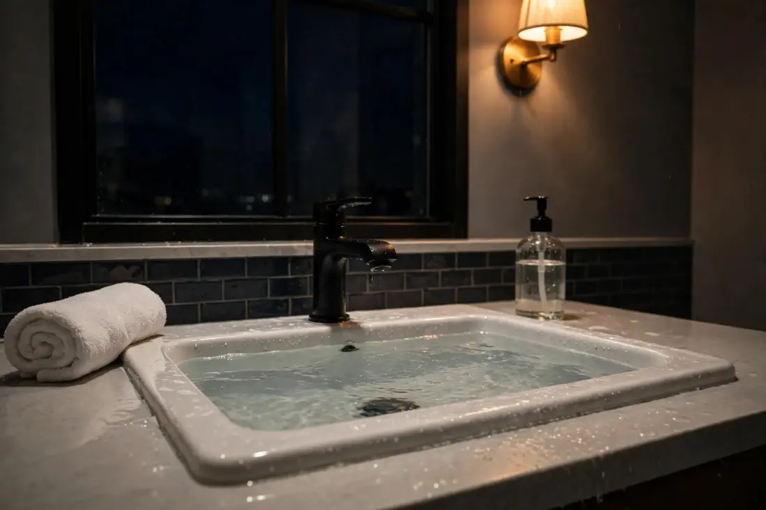 Bathroom sink with water rising at night