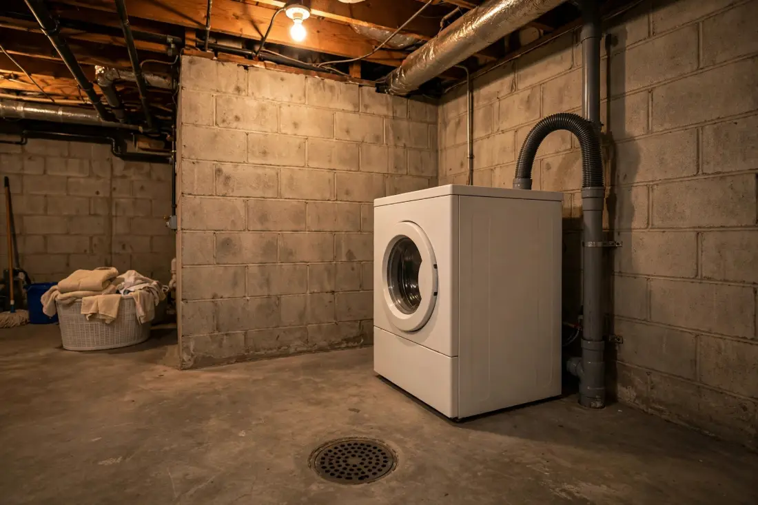 Washing machine and laundry standpipe beside a basement floor drain