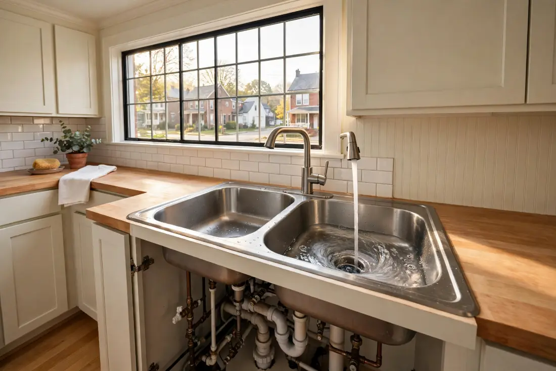 Double kitchen sink with water draining