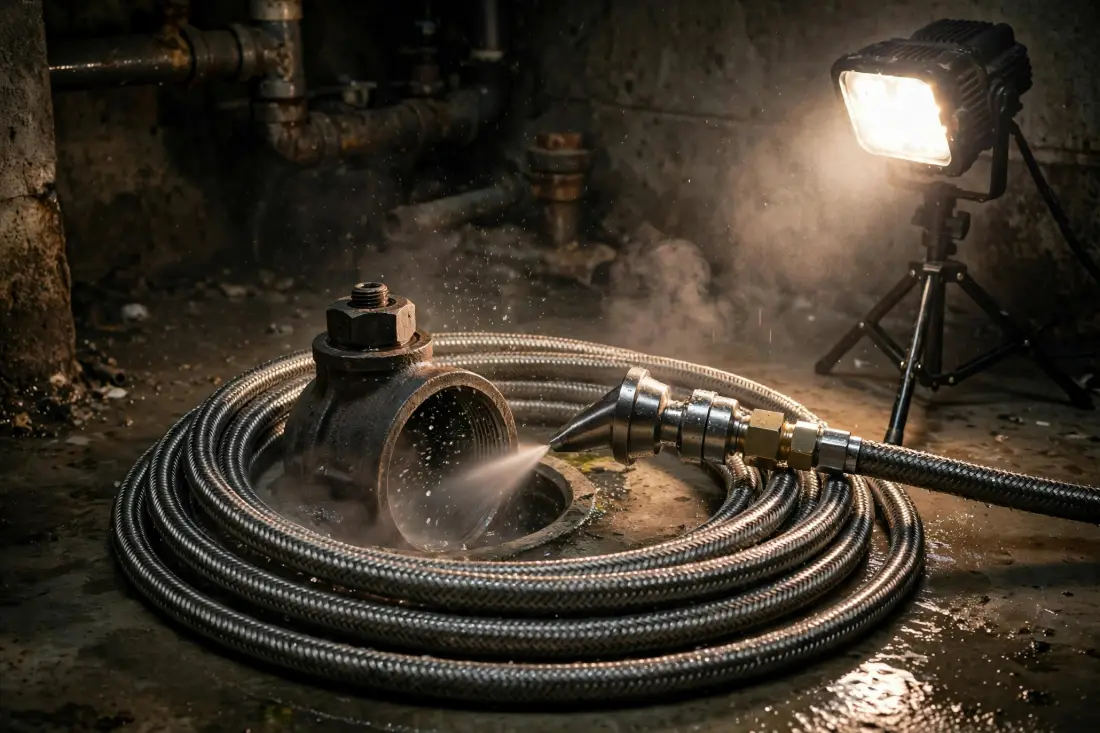 Jetting nozzle and hose at a drain cleanout in a basement