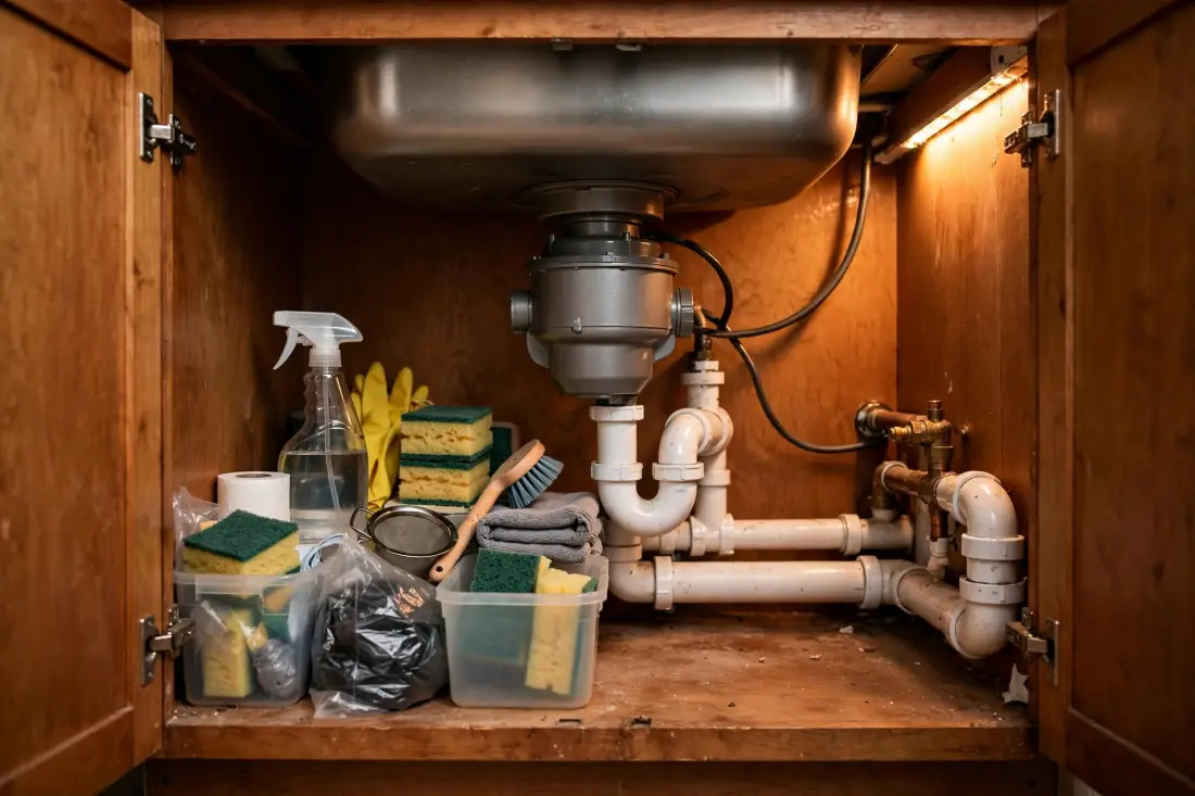Open cabinet showing a garbage disposal and drain pipes under a kitchen sink