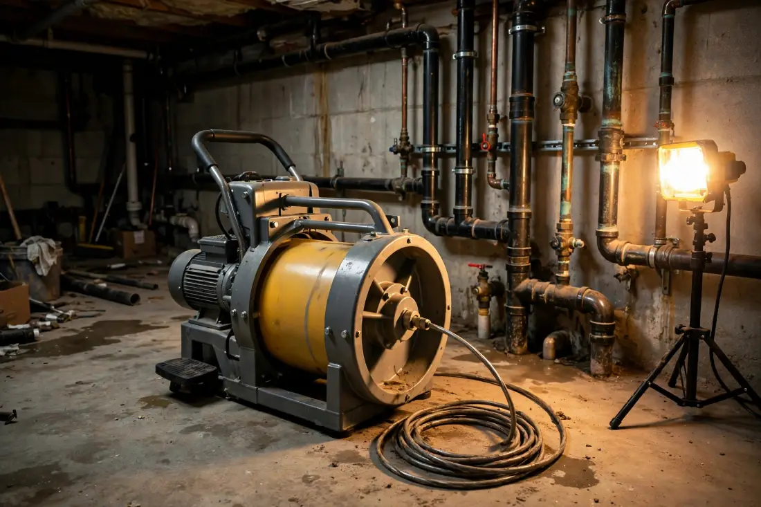 Drum-style drain cleaning machine in a basement