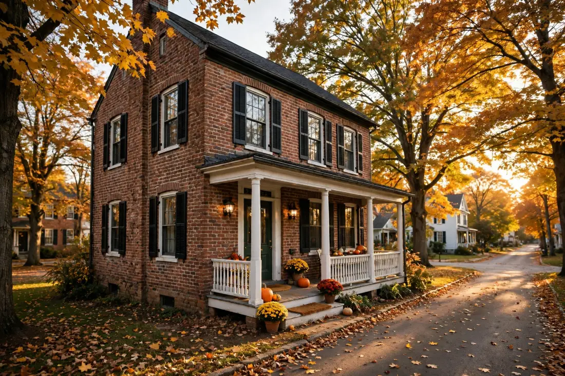 Historic brick home with a front porch on a tree-lined street