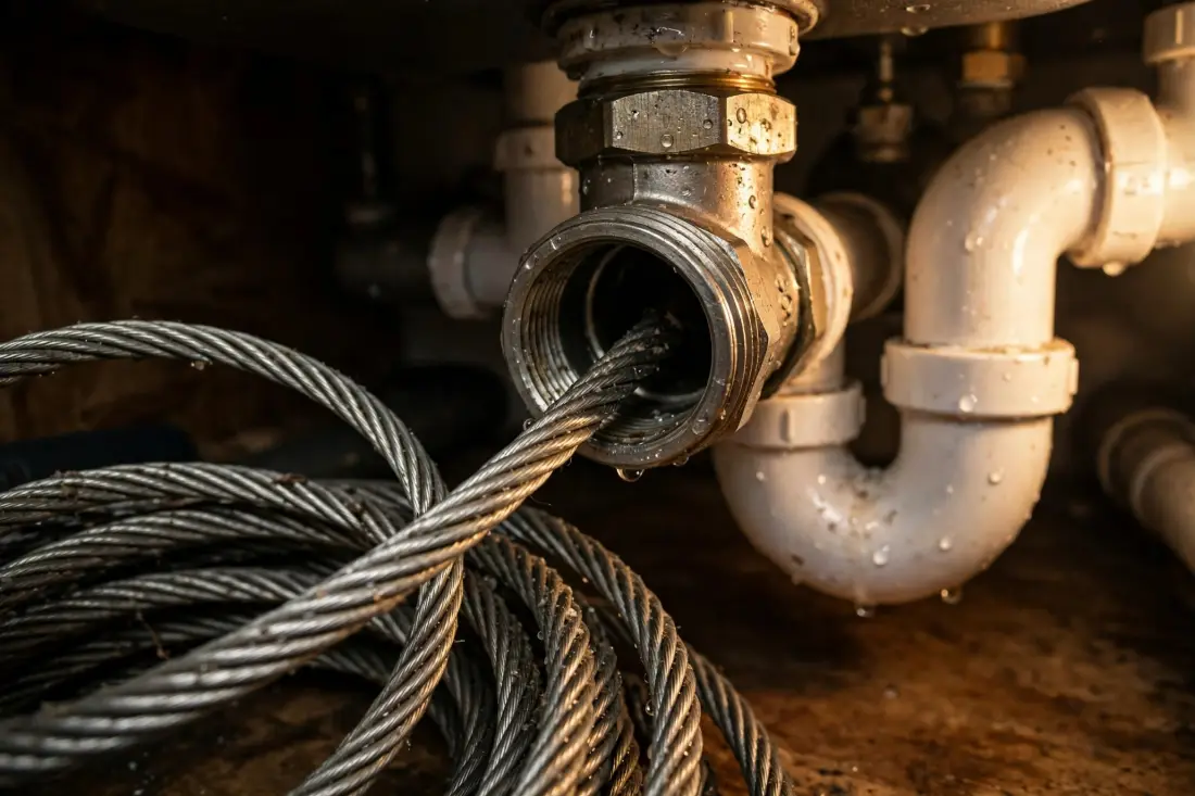 Drain auger cable entering a kitchen drain cleanout