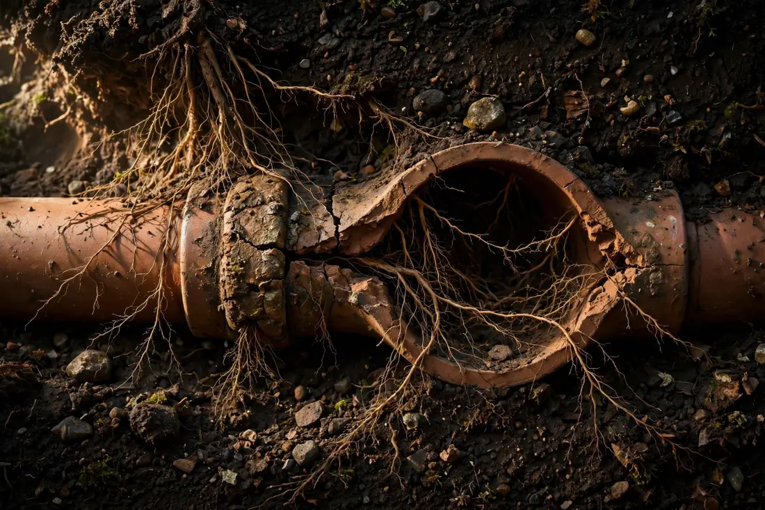 Tree roots growing into an old clay drain pipe