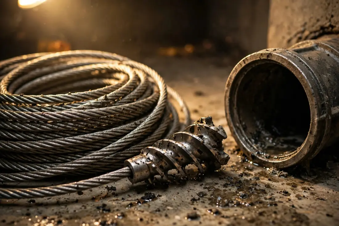 Drain auger cable with a cutting head beside a basement cleanout