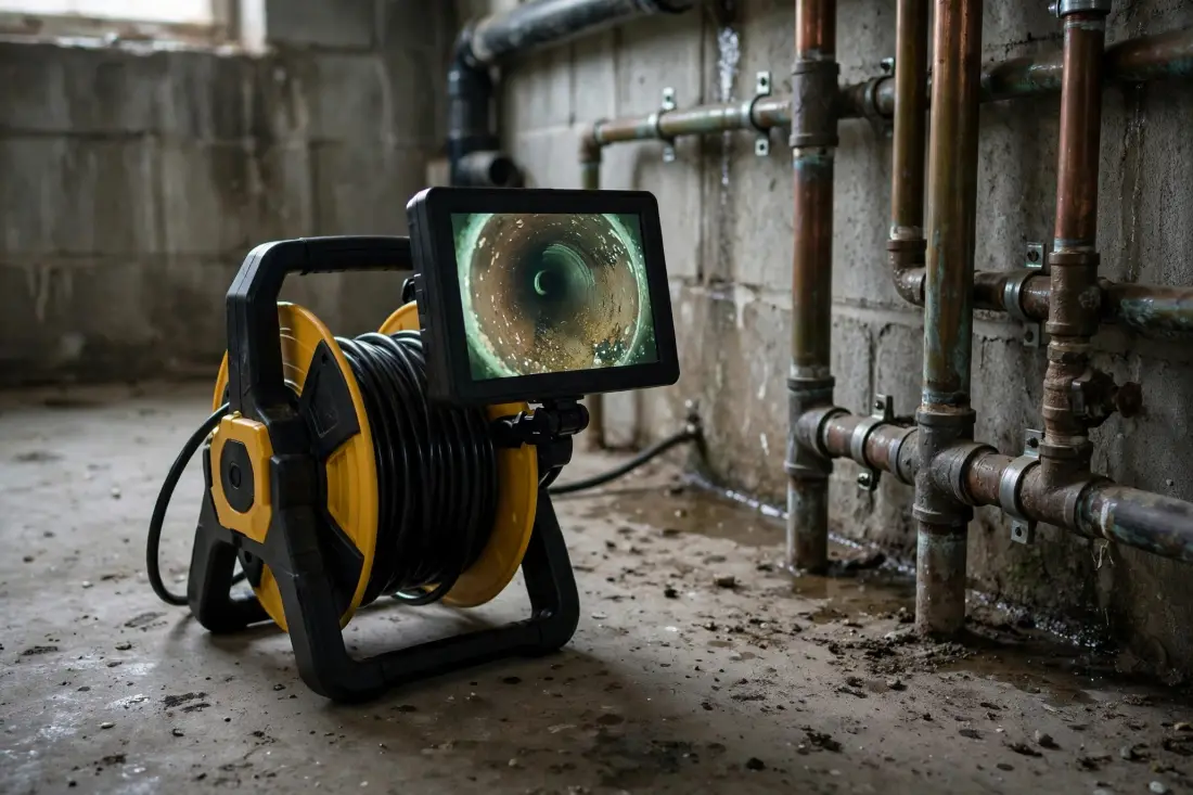 Drain camera reel with a monitor showing pipe interior