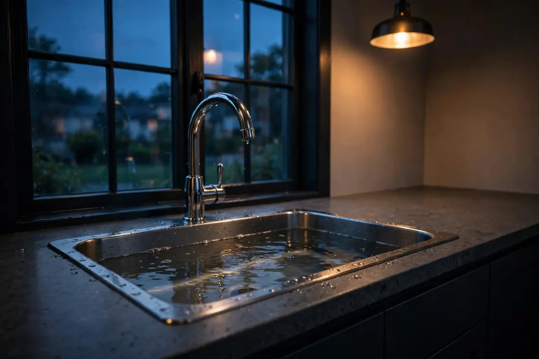 Kitchen sink with standing water at dusk