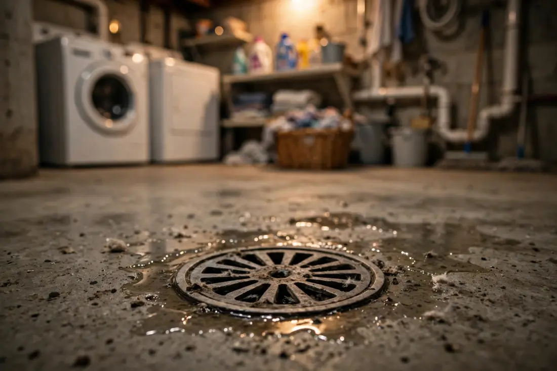 Basement floor drain with standing water