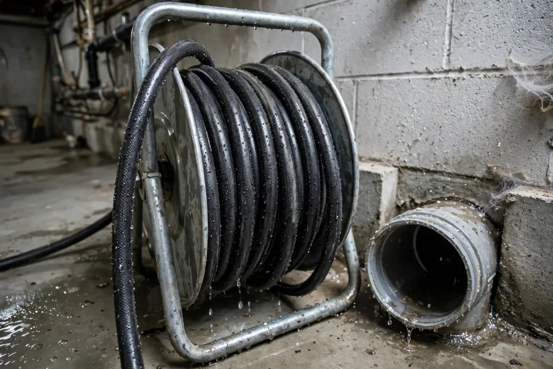 High-pressure jetting hose reel beside a drain cleanout