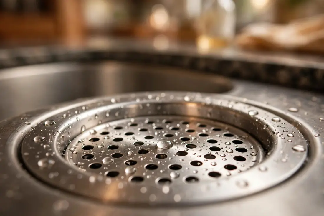 Close-up of a stainless steel kitchen sink drain