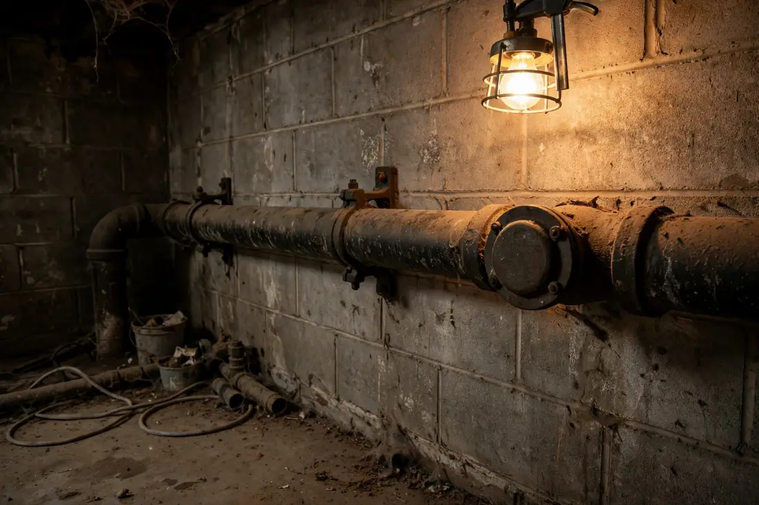 Cast iron main drain pipe with a cleanout cap in a basement
